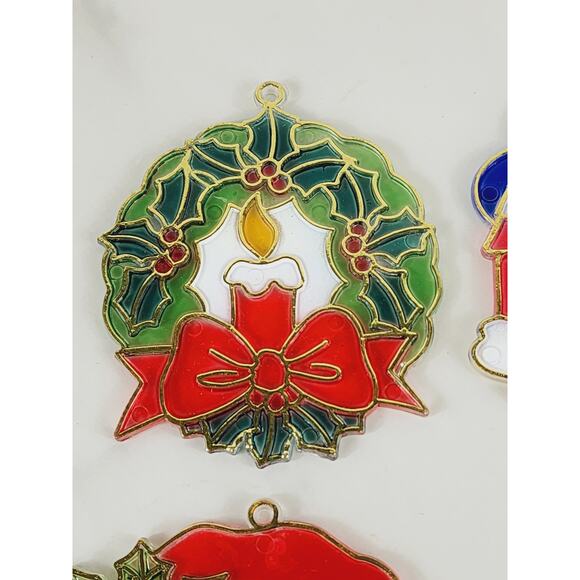 Christmas Sun Catcher Window Decor Plaque 3" Plastic Stained Glass Style 90's x6 - Picture 2 of 11
